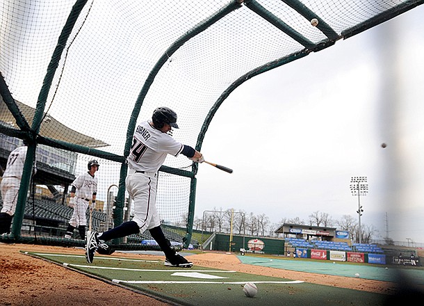 Northwest Arkansas Naturals outfielder and former Arkansas Razorback Brett Eibner during batting practice, Monday, April 1, 2013 at Arvest Ballpark in Springdale. 