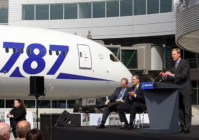 Pat Shanahan, Boeing senior vice president of airplane programs, speaks to workers Wednesday at the opening of the new delivery center in Everett, Wash. Boeing conducted a final test flight Friday for the 787 Dreamliner with its upgraded battery system. 