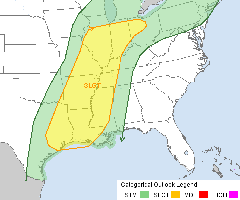 This graphic from the National Weather Service shows the severe thunderstorm outlook for Arkansas on Wednesday.