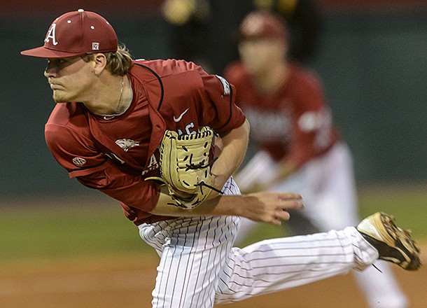 Arkansas starting pitcher Ryne Stanek throws against Alabama during a college baseball game on Friday, April 5, 2013, at Sewell-Thomas Stadium in Tuscaloosa, Ala. (AP Photo/AL.com, Vasha Hunt)