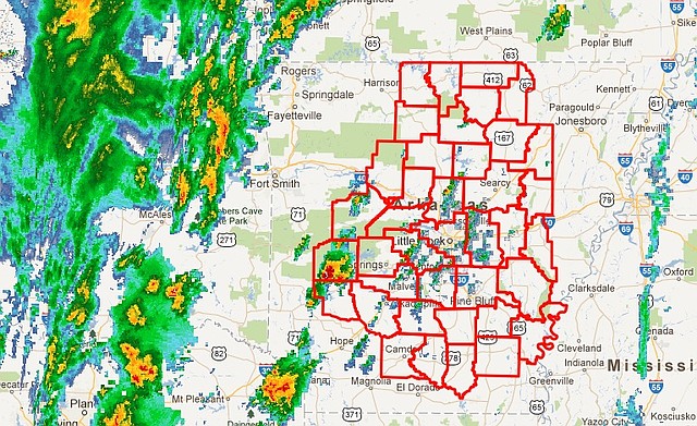 This National Weather Service map shows the counties under a tornado watch until 9 p.m. Wednesday.