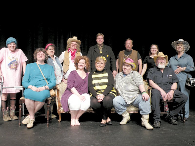 Appearing in the Rialto Players production of Rex’s Exes are, seated, from left, Ruth Minick as Marlissa Crutchfield, Stephanie Koontz as Peaches Verdeen Belrose, Jonna Gibby as Gaynelle Verdeen, Casey Meyers as Jimmie Wyvette Verdeen and Lindell Roberts as Uncle Aubrey Verdeen; and back row, from left, Abigail Dangel as Mama Doll Hargis, Cindy Greene as Bitsy Hargis, Mary Wood as CeeCee Windham, Shane Atkinson as Theodore Rexford “Rex” Belrose, Rich Minick as Wild Bill Boudreaux, Desiree Phillips as Gentle Harmony and Coe Wilson as Aunt LaMerle Verdeen Minshaw. 