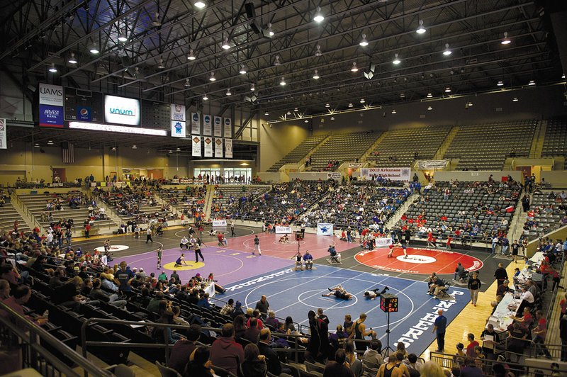 Teams compete at the state championship wrestling tournament at the Jack Stephens Center on the campus of the University of Arkansas at Little Rock. Central Arkansas Christian finished third in the tournament.