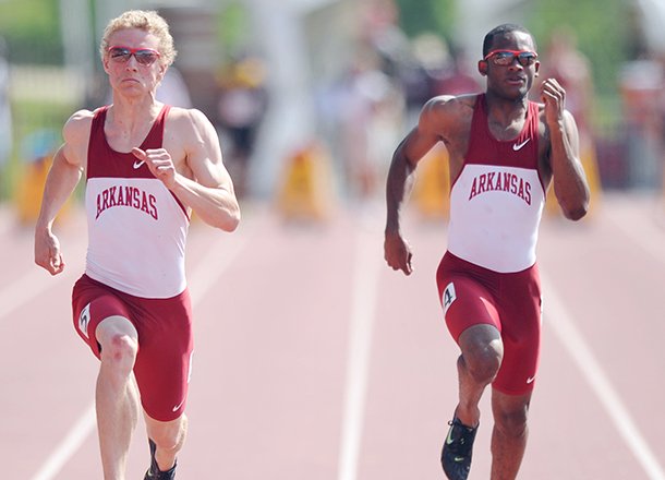 Marek Niit (left) and Akheem Gauntlett (right) are among the top runners for the Razorbacks' No. 2-ranked team outdoors. 