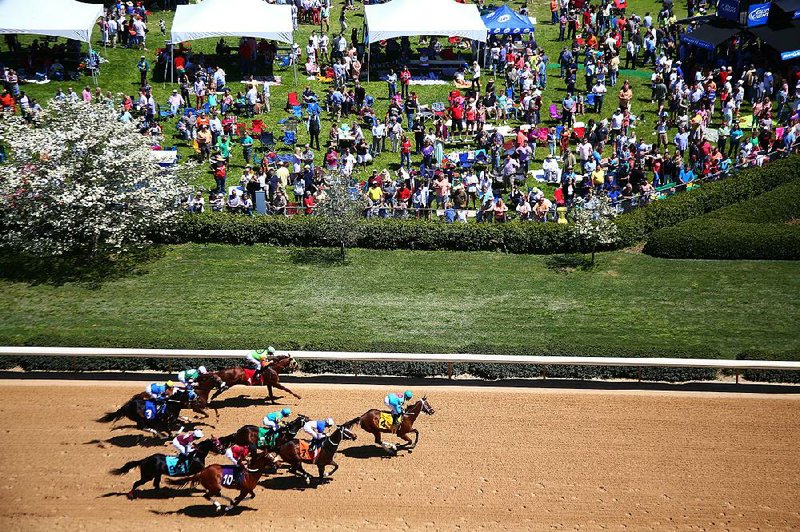 
Fans watch from the infield  during the fourth race Saturday at Oaklawn Park in Hot Springs.