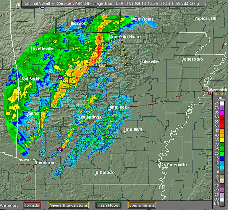 This National Weather Service radar image shows thunderstorms sweeping across Arkansas on Thursday, April 18, 2013.