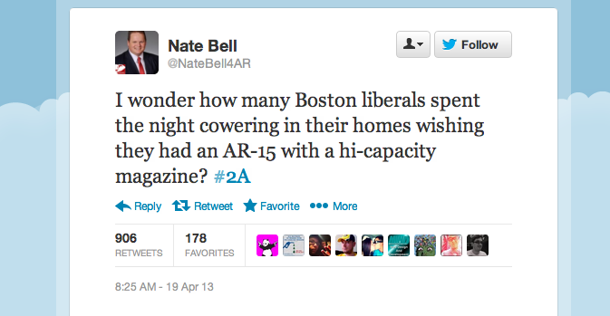 This screenshot shows a tweet posted by Rep. Nate Bell Friday morning that has since drawn criticism from around the country.