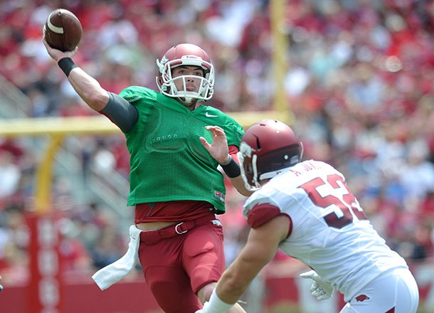 Arkansas quarterback Brandon Allen completed 16 of his 17 passes for 204 yards and a touchdown in a scrimmage on Saturday, Aug. 10, 2013 at Donald W. Reynolds Razorback Stadium.