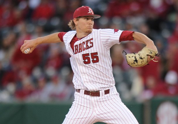 Arkansas starter Ryne Stanek delivers a pitch Saturday, April 20, 2013, against Texas A&M at Baum Stadium in Fayetteville.