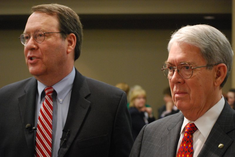 Charles Fuller and Dr. Jonathan Bates, president and CEO of Arkansas Children's Hospital, speak to reporters after the Fuller family announced a $1 million donation to the hospital's burn center.