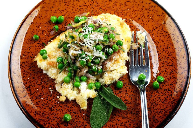 Peas With Baked Ricotta and Bread Crumbs _ a lunch or light supper dish thatís a favorite of cookbook author Deborah Madison. Illustrates FOOD-BOOK (category d), by Joe Yonan (c) 2013, The Washington Post. Moved Friday, April 12, 2013. (MUST CREDIT: Photo for The Washington Post by Deb Lindsey; tableware from Crate and Barrel)