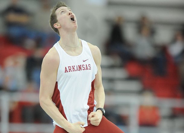 Andrew Irwin reacts after winning the SEC Indoor pole vaulting championship at Randal Tyson Track Center in February. 