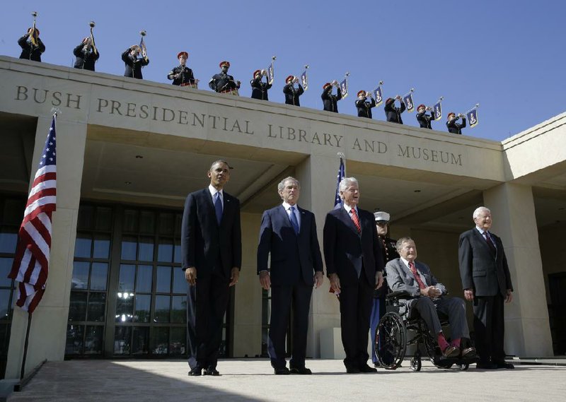 President Barack Obama (from left) and former Presidents George W. Bush, Bill Clinton, George H.W. Bush and Jimmy Carter arrive Thursday for the dedication of the George W. Bush Presidential Center in Dallas.