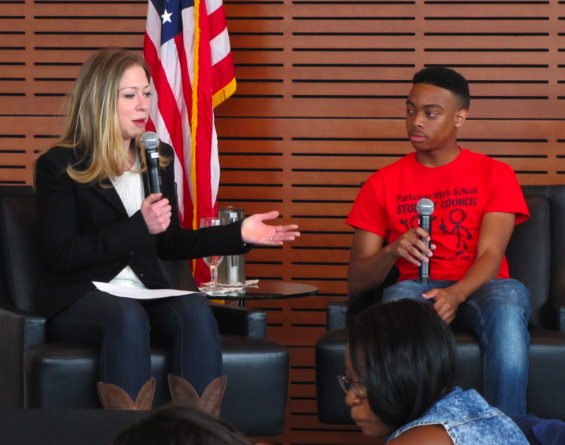 Chelsea Clinton leads a panel discussion with teens Friday at the Clinton Center.