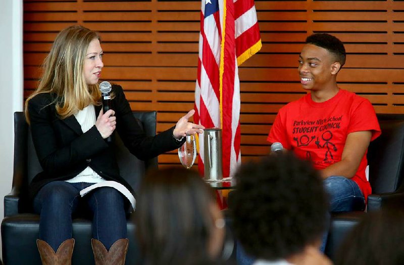 Parkview High School student Nicholas Barnes responds to Chelsea Clinton during a panel discussion as part of Friday’s Global Youth Service Day at the Clinton Presidential Center. 