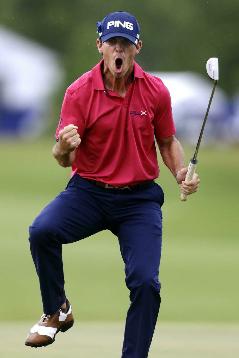 Billy Horschel celebrates after sinking a birdie putt on the 18th green to win the PGA Zurich Classic tournament Sunday at TPC Louisiana in Avondale, La. 