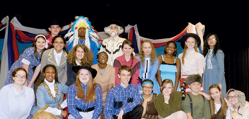 Members of the Annie Get Your Gun cast include, front row, from the left, Rachel Flowers as Mac, Rae’Vyn Britt as Charlie Davenport, Jessica Cornelius as Dolly Tate, Kenny Taggard as Frank Butler, Christia Livsey as Running Deer, Camille Tedder as Band Leader, Cabb Batson as Little Jake, Alexandria Hunter as Nellie and Paige Bateman as Jessie; second row, from the left, Makayla Bird as Messenger, Katlynn Williams as Fostoria Wilson, Gabby Hess as Dining Car Waiter, Mehkia Wilson as Mrs. Schuyler Adams, Julie Williams as Winnie Tate, Ashley Brittain as Ensemble member, Shavonica Wilson, student director; Abby Root as Annie Oakley and Aswa Khan as Ensemble member; and back row, from the left, Seth Daniell as Tommy Keeler, Emmanuel Cooper as Chief Sitting Bull and Preston Jones as Buffalo Bill Cody.