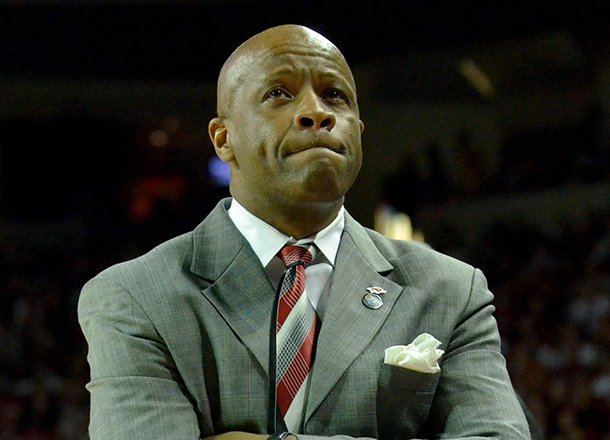 Arkansas coach Mike Anderson looks up at the scoreboard during the second half of a 2013 game against the Tennessee Volunteers at Bud Walton Arena in Fayetteville. Arkansas coach Mike Anderson looks up at the scoreboard during the second half of a 2013 game against the Tennessee Volunteers at Bud Walton Arena in Fayetteville.
