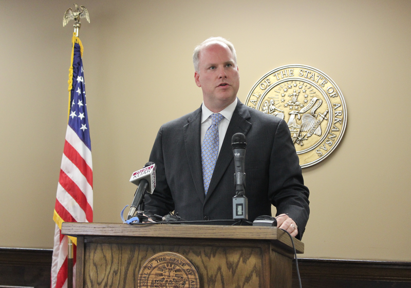 Attorney General Dustin McDaniel speaks Tuesday, May 7, at a news conference in Mayflower, where he announced a new task force that will act as an information clearinghouse for residents. McDaniel said the carcinogen benzine continues to be present in different areas in the city. 
