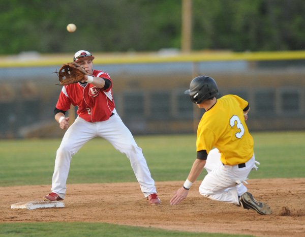 Spencer Boudrey, left, Farmington shortstop, waits on the throw as Prairie Grove’s Aaron Kincaid slides in safely at the bag Tuesday during the second inning at Farmington. 