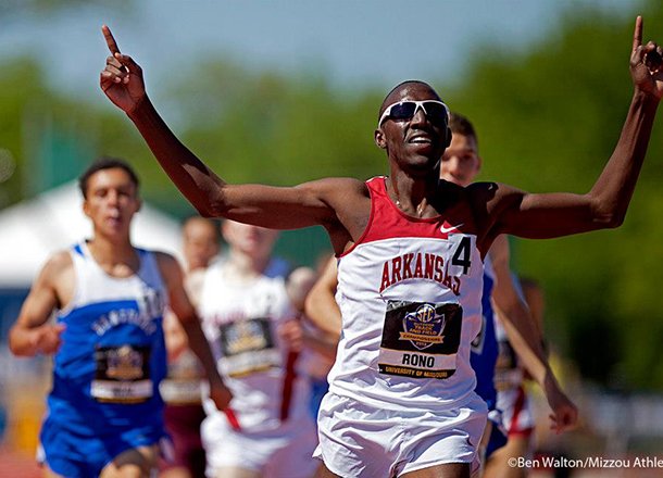 Arkansas' Patrick Rono crosses the finish line after winning an event Sunday at the Southeastern Conference Outdoor Championships in Columbia, Mo. 