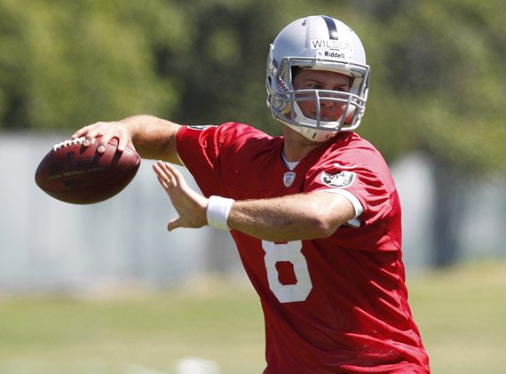 Oakland Raiders rookie quarterback Tyler Wilson during practice at NFL football rookie camp at the team's training facility in Alameda, Calif., Saturday, May 11, 2013. (AP Photo/Tony Avelar)