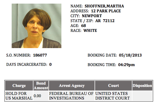 This screenshot from the Pulaski County jail website shows Treasurer Martha Shoffner was booked in about 4:30 p.m. Saturday.