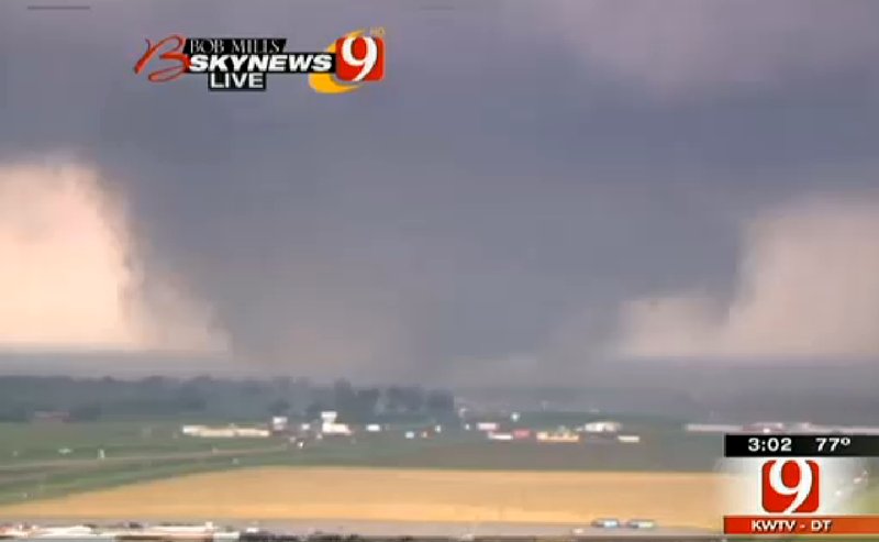 This frame grab provided by KWTV shows a tornato in Oklahoma City Monday, April 20, 2013. Television footage shows flattened buildings and fires after a mile-wide tornado moved through the Oklahoma City area. 