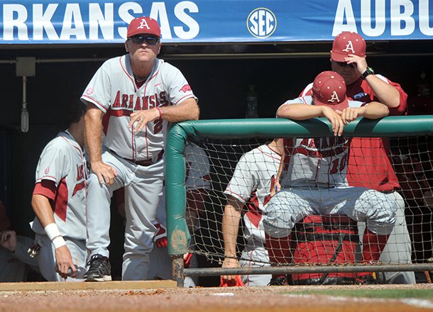 Arkansas coach Dave Van Horn watches the Razorbacks during a May 23, 2012 game against Ole Miss during the SEC baseball tournament at Regions Park in Hoover, Alabama. 