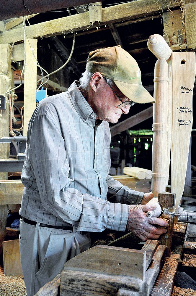 Dallas Bump cuts the curved rockers for a rocking chair at his workshop in Bear near Lake Ouachita. At 95, Bump is passing on his techniques of chair making, which have been used by his family for five generations. Last week, he was named the 2013 Arkansas Living Treasure.
