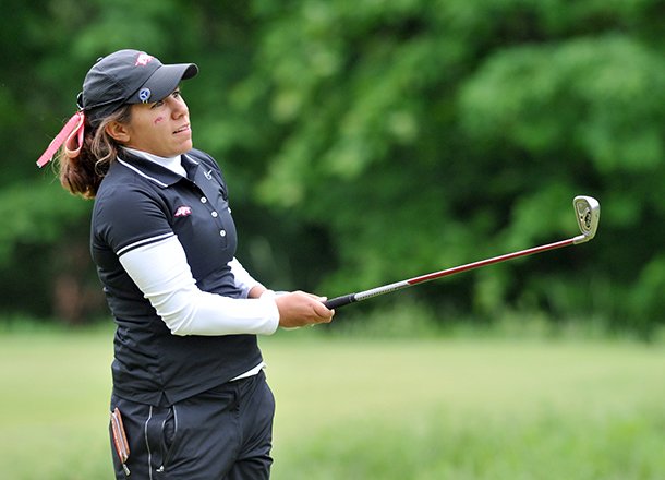 Arkansas golfer Victoria Vela reacts to her tee shot on the 14th tee during the first round of the SEC Women's golf tournament at Blessings Golf Club in Johnson.