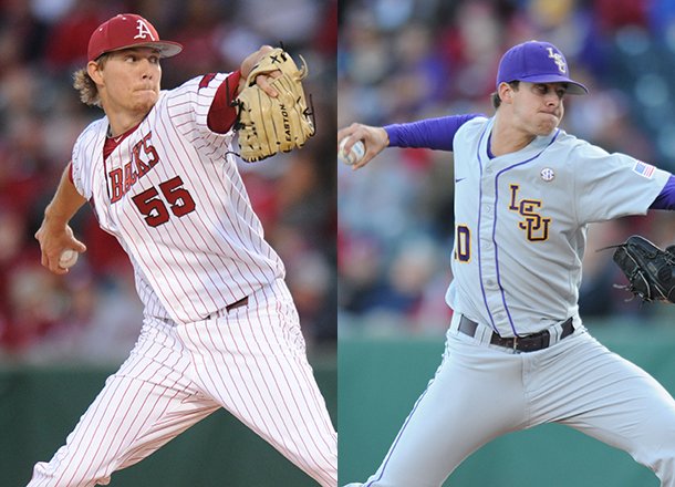 Arkansas pitcher Ryne Stanek (left) will face LSU's Aaron Nola on Thursday. Stanek is 8-2 this season with a 1.54 ERA, while Nola is 10-0 with a 1.99 ERA. 
