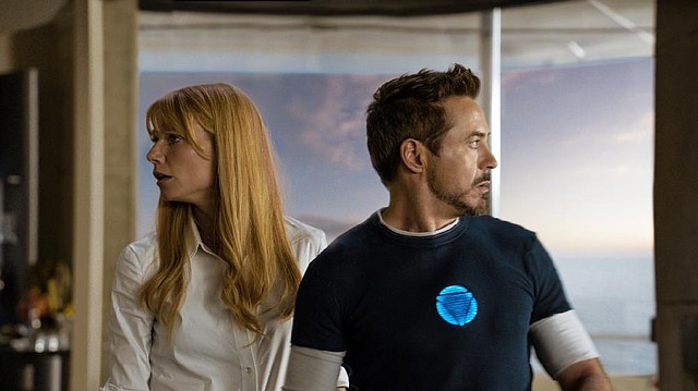 Pepper Potts (Gwyneth Paltrow) and Tony Stark (Robert Downey Jr.) suspect something has gone awry in Iron Man 3. 