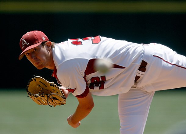 Arkansas pitcher Randall Fant delivers a pitch against LSU during the top of the first inning on Sunday, April 14, 2013, at Baum Stadium in Fayetteville.