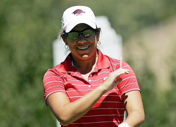 Victoria Vela laughs after hitting off the 1st tee during the qualifier for the Walmart NW Arkansas Championship Presented by P&G Monday, September 5, 2011 at Pinnacle Country Club in Rogers.