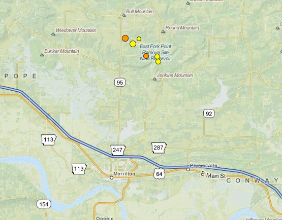 This map shows a cluster of earthquakes north of Morrilton this week. The orange dots are quakes that happened in the last 24 hours, including a 3.5-magnitude tremor early Friday, and the yellow dots are older quakes this week.