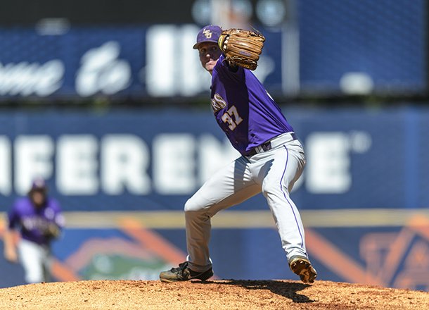 LSU's Ryan Eades delivers in the first inning during a Southeastern Conference tournament college baseball game against Alabama, Friday, May 24, 2013, at the Hoover Met in Hoover, Ala. (AP Photo/AL.com, Vasha Hunt)