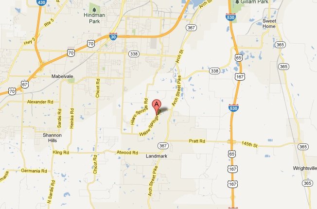 This map shows the area of the 3100 block of Willow Springs Road in Pulaski County, where a 14-year-old boy was struck by a vehicle Thursday night. The vehicle, described as a white Chevrolet sedan, stopped briefly before fleeing the scene. The teen later died from his injuries at Arkansas Children's Hospital in Little Rock.