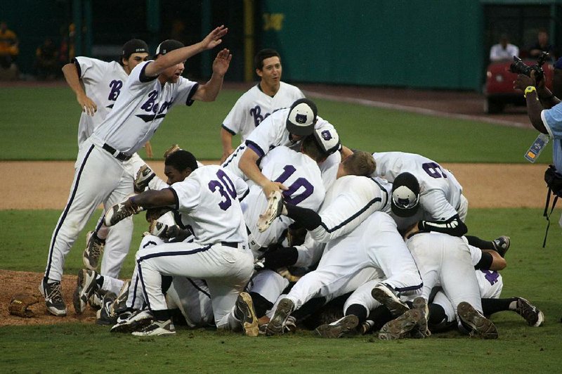 UCA baseball players dogpile in celebration after winning the Southland Conference Championship Saturday, May 25th at Constellation Field in Sugar Land, Texas.
Photo courtesy of The University of Central Arkansas