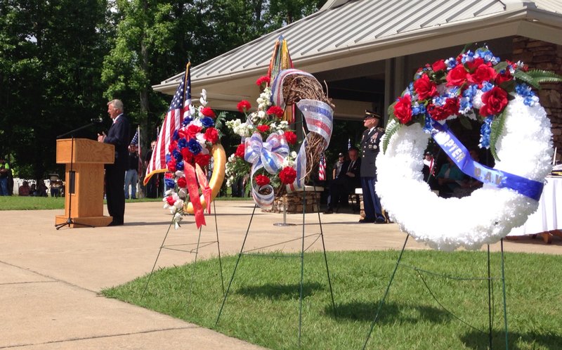Arkansas Governor Mike Beebe addresses the crowd at the Memorial Day ceremony at the Arkansas Veterans Cemetery in North Little Rock.