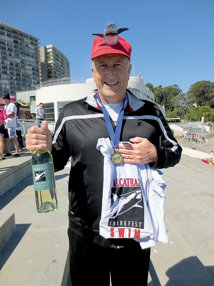 Ronald Bank, 66, won his 65-69 age division May 19 in the annual Alcatraz Sharkfest open-water swimming race from Alcatraz Island to San Francisco Bay’s Fisherman’s Wharf. He swam 1.5 miles in 45:00.9. 