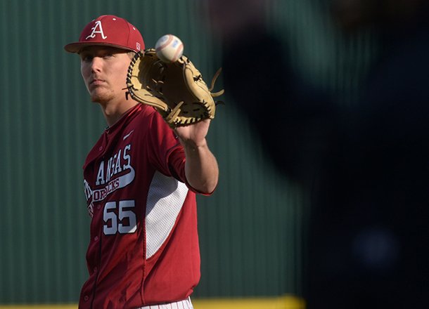 Arkansas pitcher Ryne Stanek reacts after throwing a pitch in the first inning of an April 13, 2013 game against LSU at Baum Stadium in Fayetteville.