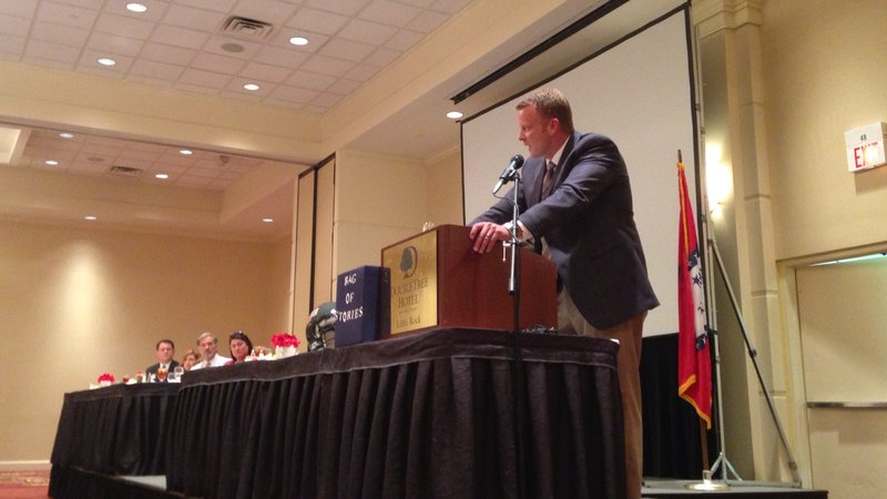 Arkansas State head coach Bryan Harsin addresses members of the Little Rock Rotary Club on Tuesday afternoon.