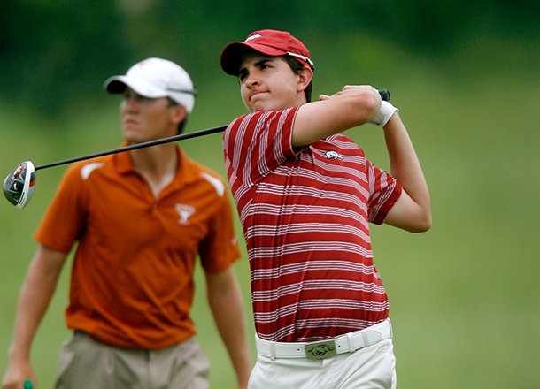 Arkansas freshman Nicolas Echavarria hits from the 18th tee during the final round of the NCAA men's golf regional on Saturday, May 18, 2013, at The Blessings Golf Club in Fayetteville.