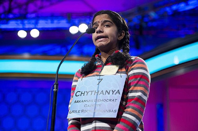 Speller No. 7, Chythanya Murali, 13, of Little Rock competes Wednesday, May 29, 2013, in preliminary rounds of the Scripps National Spelling Bee in National Harbor, Md. Chythanya aced her words —“perestroika” and “senary” — in the oral competition but did not make the semifinals cut in the written challenge, which for the first time asked spellers to provide definitions. 
