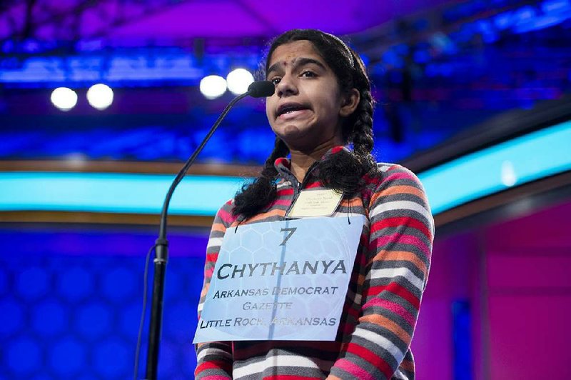 Speller No. 7, Chythanya Murali, 13, of Little Rock competes Wednesday, May 29, 2013, in preliminary rounds of the Scripps National Spelling Bee in National Harbor, Md. Chythanya aced her words —“perestroika” and “senary” — in the oral competition but did not make the semifinals cut in the written challenge, which for the first time asked spellers to provide definitions. 