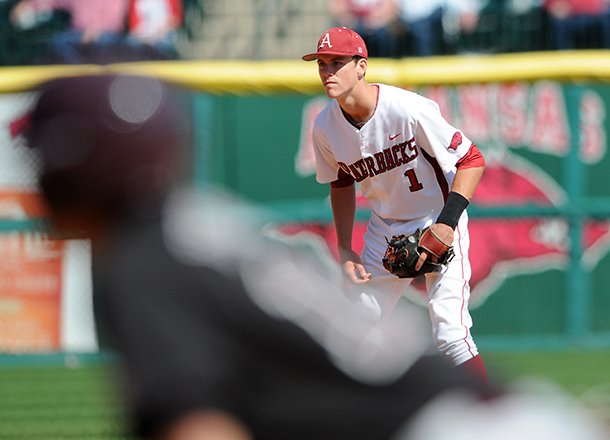 Arkansas' Brian Anderson readies himself Sunday, March 31, 2013, during game three of the series against Mississippi State at Baum Stadium in Fayetteville. Anderson was the Razorbacks' top hitter in SEC play and overcame several errors after a mid-season switch to the outfield. 