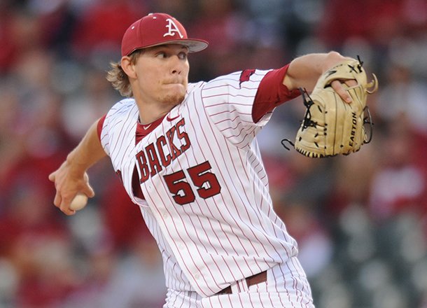 Arkansas starter Ryne Stanek delivers a pitch Saturday, April 20, 2013, during the first inning of play against Texas A&M at Baum Stadium in Fayetteville.