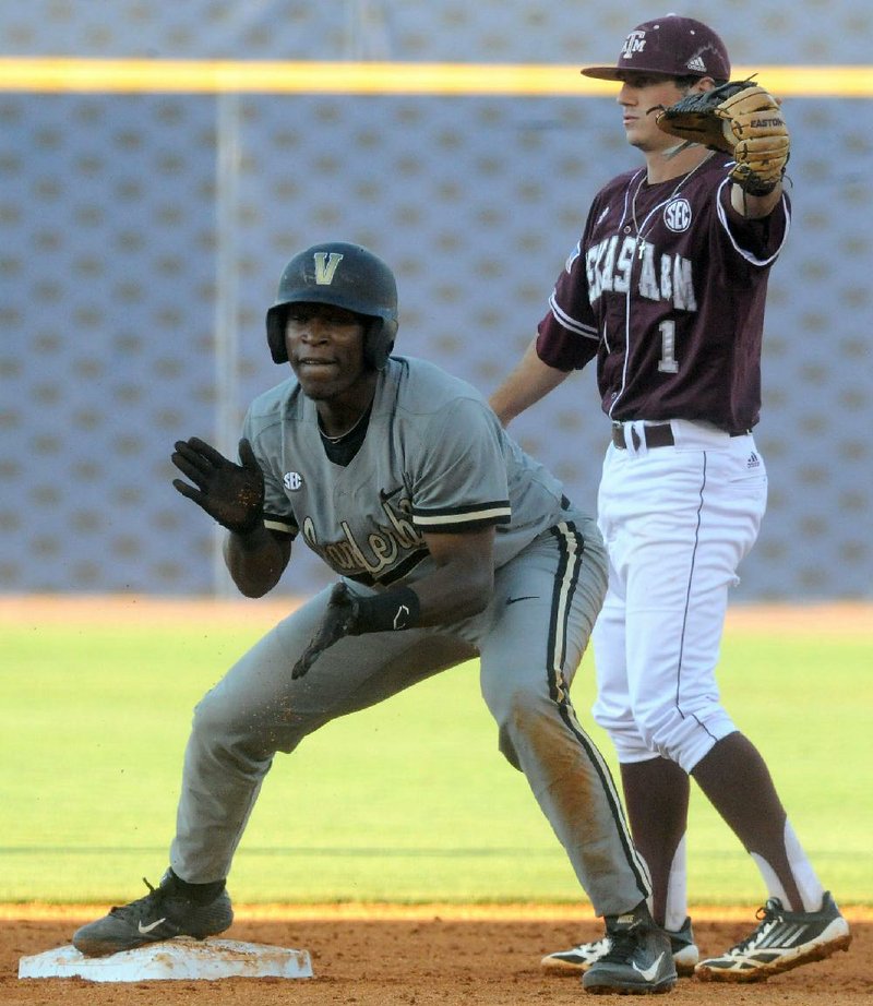 Vanderbilt’s Xavier Turner celebrates after stealing second base against Texas A&M during last week’s SEC Tournament in Hoover, Ala. 