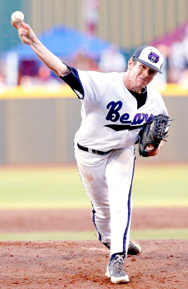 Central Arkansas starting pitcher Ethan McKinzie throws a strike against Mississippi State in the fourth inning of their NCAA college baseball regional tournament game in Starkville, Miss., on June 2. 
